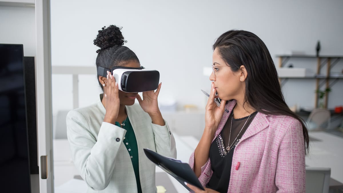 Young woman wearing a virtual reality headset