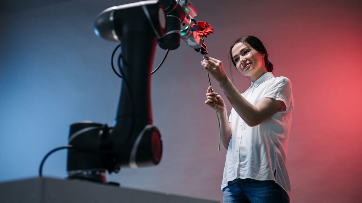 Robotic arm holding out a flower toward a person